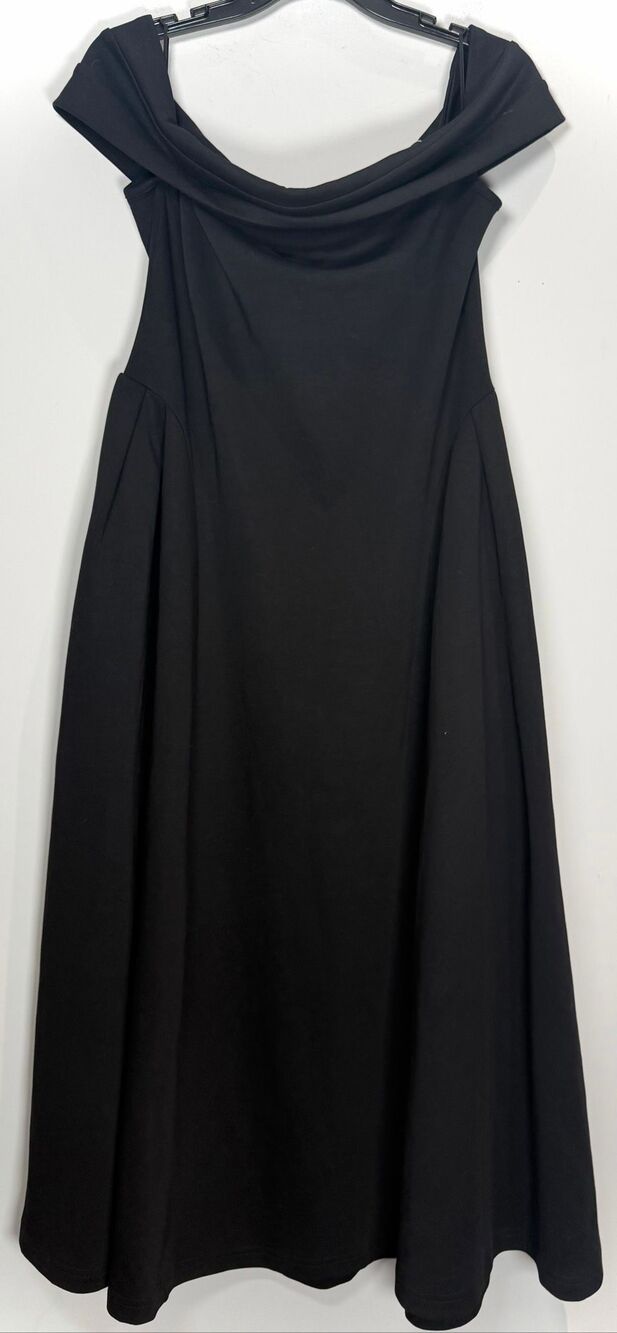 Zesica elegant black off-the-shoulder dress featuring a draped fold-over necklin